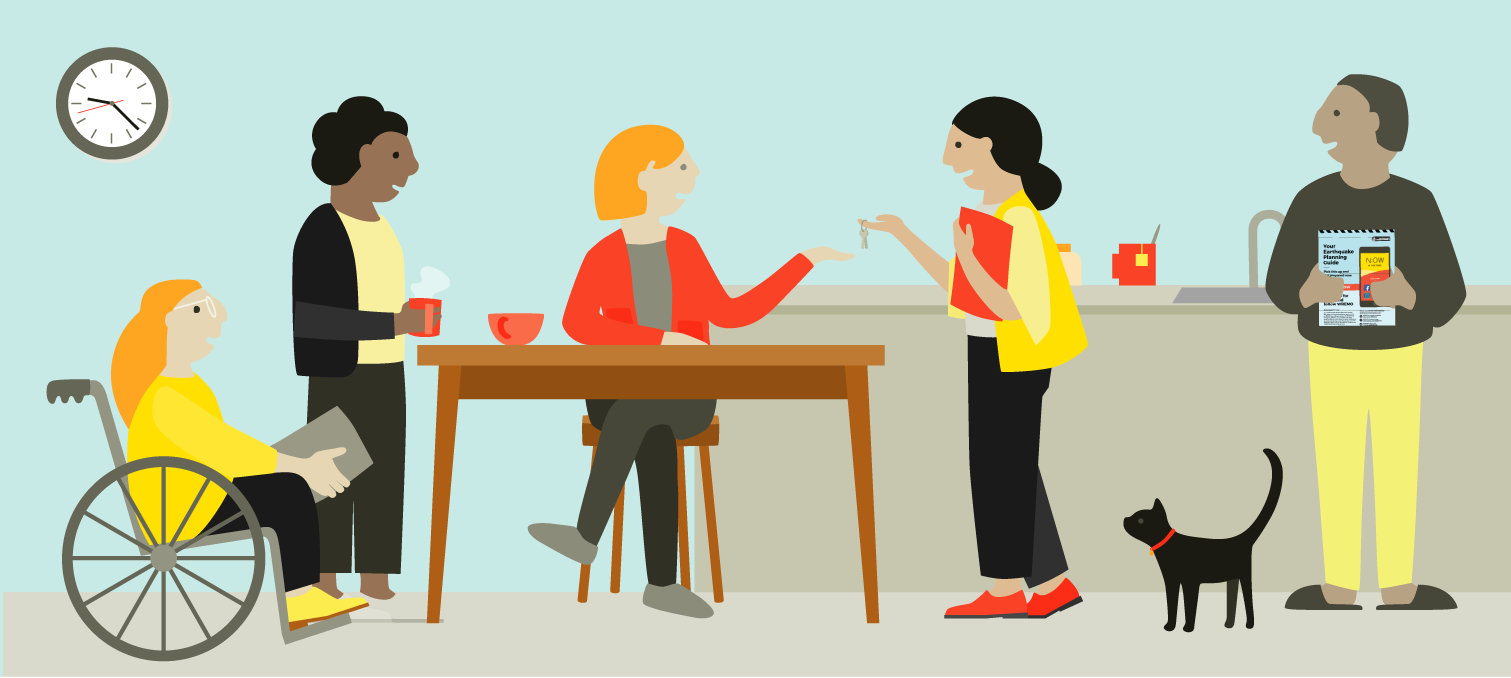 Four woman are in a staffroom, talking about preparedness over a cup of tea. A man is next to them holding an earthquake planning guide. 