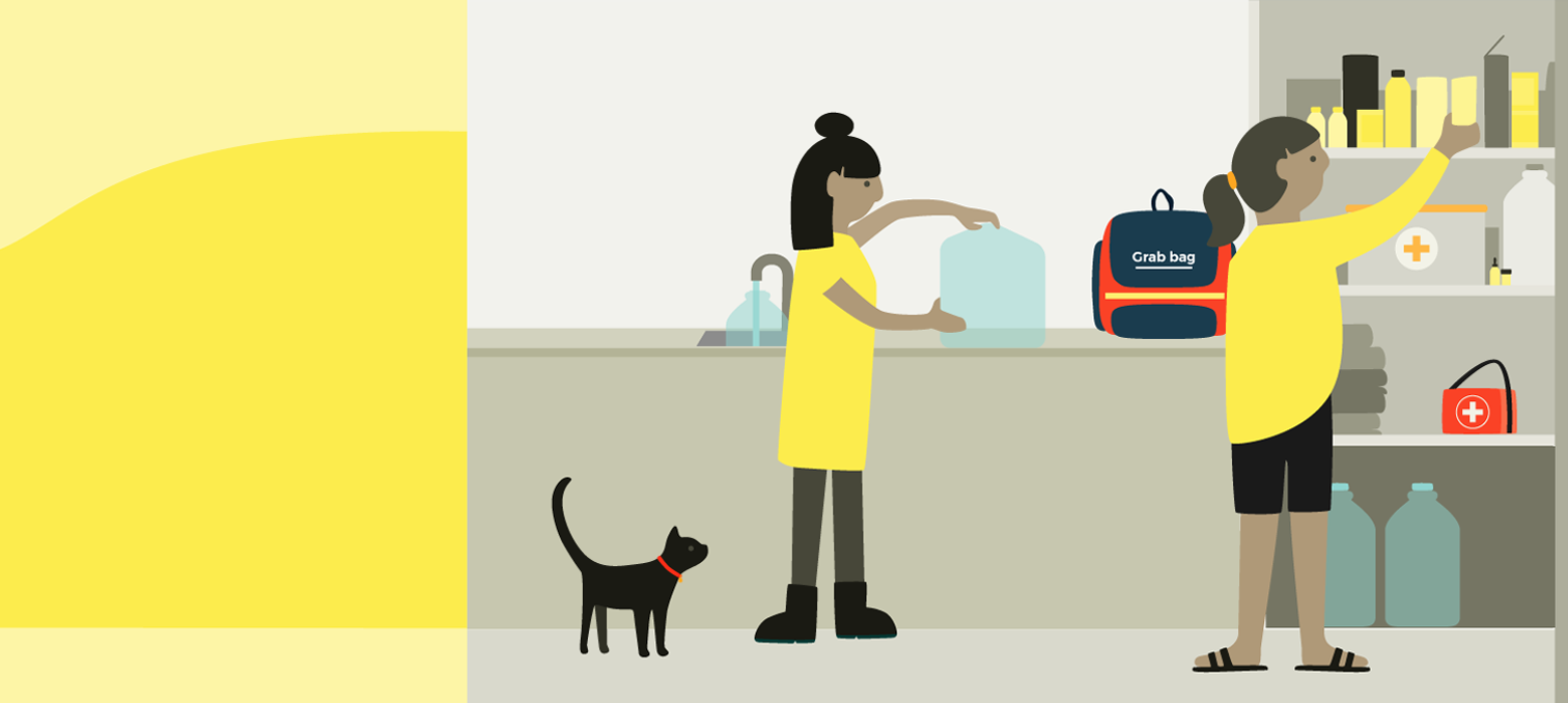 A woman is filling a water bottle and another woman is stocking a cabinet with medical supplies and other unmarked items