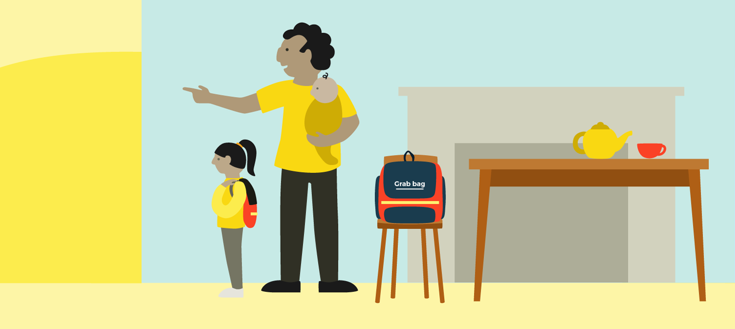 A family of 3 people indoors with a grab bag ready to go. A concerned parent holding a baby is pointing out of the room